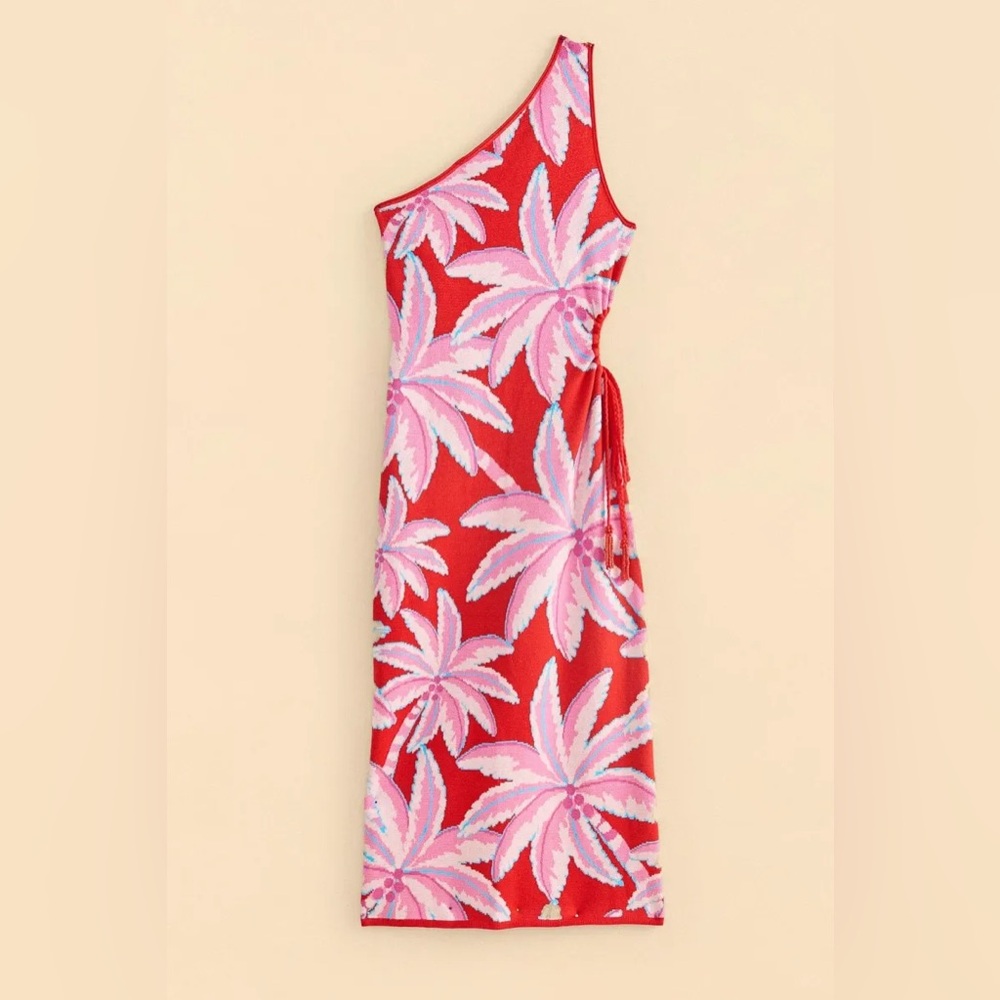 FARM Rio Red One-Shoulder Tropical Palm Maxi Dress with Pink Print - Picture 2 of 11